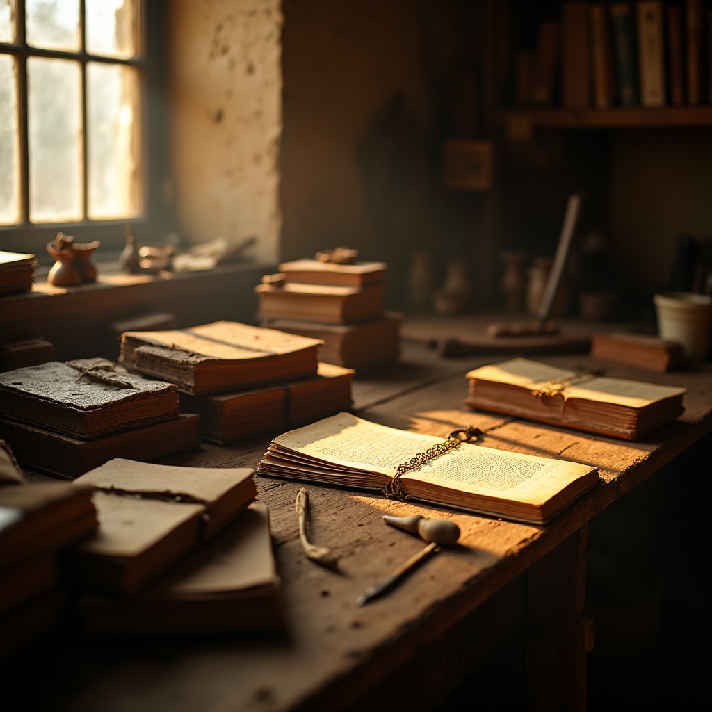 Laboratorio di legatoria con strumenti e libri antichi sul banco di lavoro