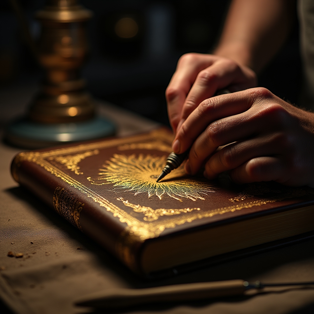 Doratura del dorso di un libro rilegato in pelle