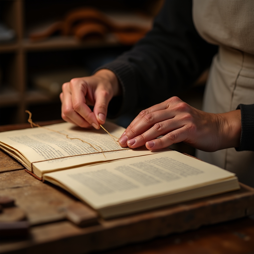 Mani che eseguono la cucitura a telaio su un libro antico
